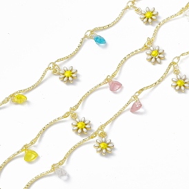 Handmade Brass Bar Link Chains, with Colorful Glass & Enamel Flower Charms, Soldered, with Spool