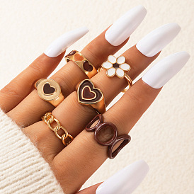 Brown Heart Oil Drip Ring Set & Geometric Flower Rings Combo - 6 Pieces