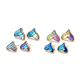 Mermaid Fishtail Resin Stud Earring, Dainty Animal Brass Earrings for Girl Women, Golden