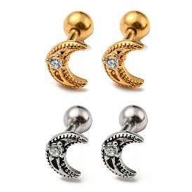 304 Stainless Steel with Rhinestone Stud Earrings, Crescent Moon