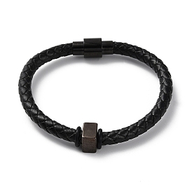 Bracelet cordon rond tressé cuir, avec 304 fermoirs magnétiques et perles en acier inoxydable pour hommes femmes