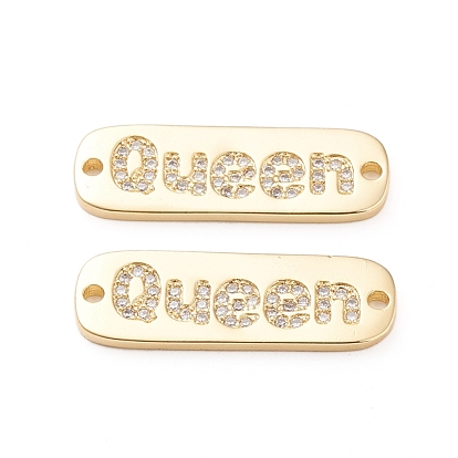 Brass Micro Pave Cubic Zirconia Links, Long-Lasting Plated, Rectangle with Words Queen, Clear