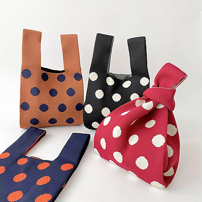 Polyester Polka Dot Knitted Tote Bags, Cartoon Crochet Handbags for Women