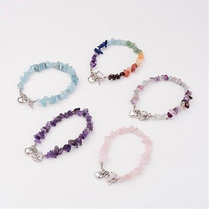 Chip Natural Gemstone Beaded Bracelets, Heart, with Tibetan Style Alloy Bar & Ring Toggle Clasps, 193mm