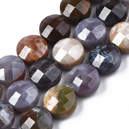 Natural Indian Agate Beads Strands, Faceted, Flat Round, Colorful