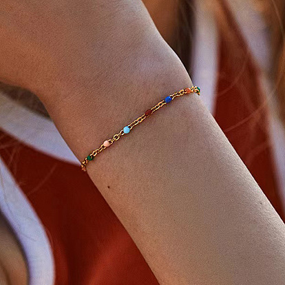 201 из нержавеющей стали Снаряженная цепи браслеты, плоские круглые украшения для женщин, с эмалью