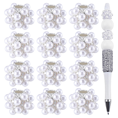 12Pcs Resin Imitation Pearl European Beads, Large Hole Beads, Round, Silver Color Plated