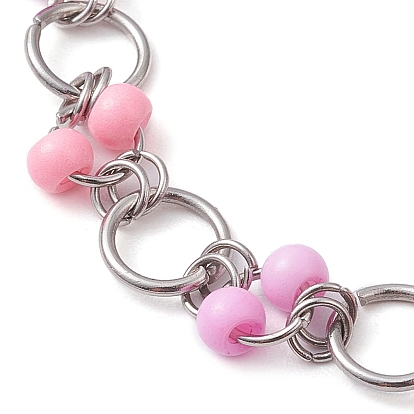Pink & Plum Glass Seed Bead Link Bracelets, 304 Stainless Steel Ring Link Bracelets for Women