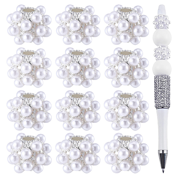 12Pcs Resin Imitation Pearl European Beads, Large Hole Beads, Round, Silver Color Plated