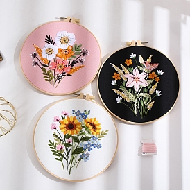 DIY Flower Embroidery Kits, Including Printed Cotton Fabric, Embroidery Thread & Needles, Plastic Embroidery Hoops