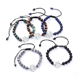 Unisex Adjustable Natural Gemstone Braided Bead Bracelets, with Alloy Links and Nylon Cord, World Map