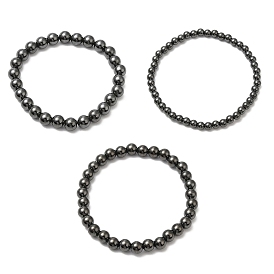 Synthetic Magnetic Hematite Round Beaded Stretch Bracelets