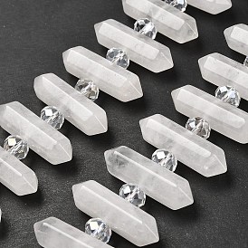 Natural Quartz Crystal Double Terminated Point Beads Strands, Rock Crystal Faceted Bullet Beads, with Glass Beads