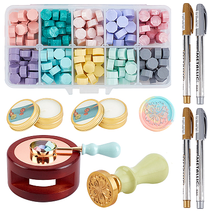 DIY Scrapbook Making Kits, Including Sealing Wax Particles, Round Sealing Wax Stove, Pear Wood Handle, Brass Wax Seal Stamp, Marking Pen, Brass Spoon, Paraffin Candles