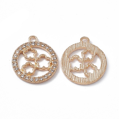 Alloy Rhinestones Pendants, Flat Round with Flower Charms