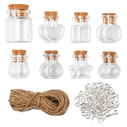 16Pcs 8 Styles Glass Jar Bead Containers, with Cork Stopper, Wishing Bottle, with 10M Jute Cord
