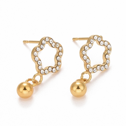 Flower 304 Stainless SteelStud Earrings, with 316 Stainless Steel Pin & Glass Imitation Cubic Zirconia