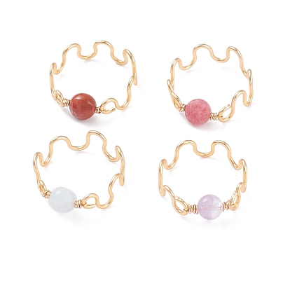Natural Mixed Stone Bead Rings for Women Men, Copper Wrapped Wave Ring