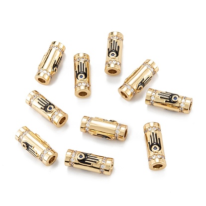 Real 18K Gold Plated Brass Micro Pave Clear Cubic Zirconia Tube Beads, with Enamel, Column with Hamsa Hand