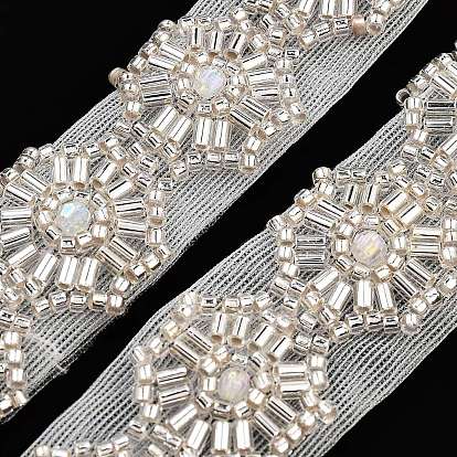Polyester Flower Lace Trims, with ABS Imitation Pearl Beads and Glass
