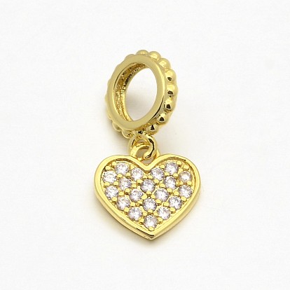 Heart Brass Micro Pave AAA Cubic Zirconia Large Hole European Dangle Charms, Lead Free & Nickel Free & Cadmium Free, 9x9x1mm, Hole: 4mm