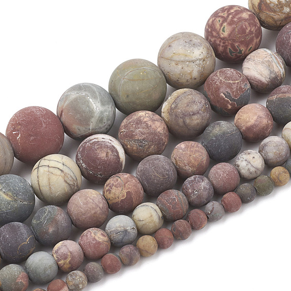 Natural Picasso Stone/Picasso Jasper Beads Strands, Frosted, Round