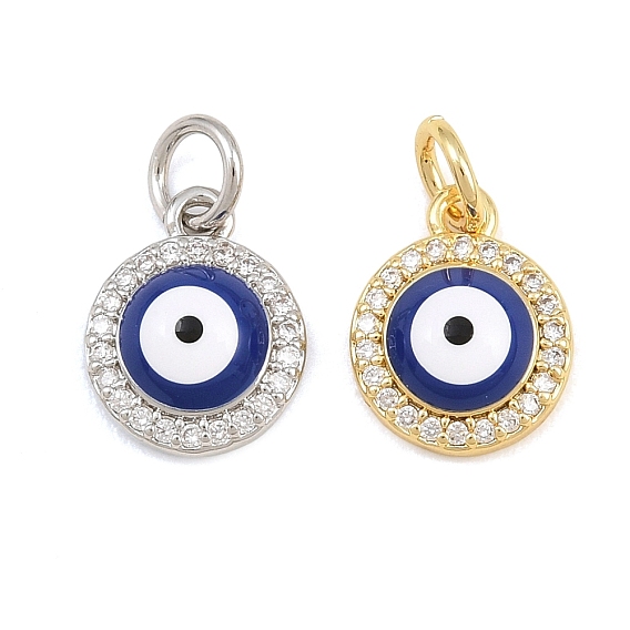 Brass Micro Pave Clear Cubic Zirconia Charms, with Blue Enamel, Evil Eye Charms