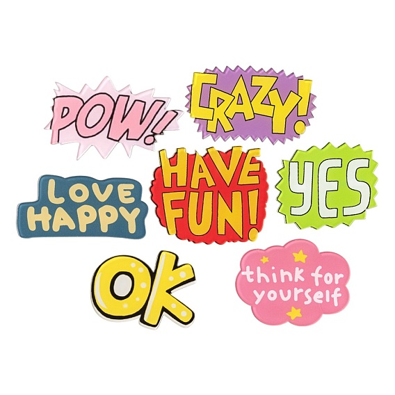 7Pcs 7 Style Acrylic Badges Brooch Pins, with Iron Pin, Cute Lapel Pin, Word