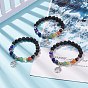 3Pcs 3 Style Natural Lava Rock & Mixed Stone Stretch Bracelets Set with Lampwork Evil Eye, 7 Chakra Bracelets with Alloy Tree of Life Charms for Women