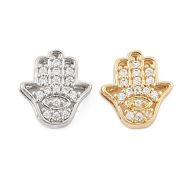 Brass Micro Pave Clear Cubic Zirconia Slide Charms, Long-Lasting Plated, Hamsa Hand