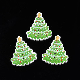 Christmas 2-Hole Spray Painted Maple Wooden Buttons, Single-Sided Printed, Christmas Tree