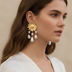 Pendientes colgantes de aleación con perlas de imitación y borlas de girasol para mujer