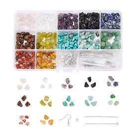 150g 12 kits de fabrication de boucles d'oreilles pendantes de style bricolage, y compris les perles de copeaux de pierres précieuses, crochets de boucle d'oreille en laiton et épingles à tête plate, 304 épingles à œil en acier inoxydable et anneaux de saut ouverts, fil de cuivre, Fil cristal, fil élastique