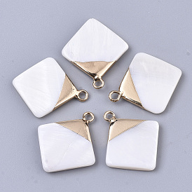 Natural Freshwater Shell Pendants, with Top Golden Plated Brass Loops, Rhombus