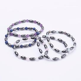 Non-Magnetic Synthetic Hematite Beads Stretch Bracelets, with Frosted Natural Gemstone Beads