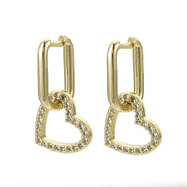 Brass Micro Pave Clear Cubic Zirconia Dangle Huggie Hoop Earrings, Nickel Free, Heart