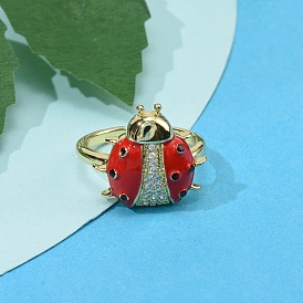 Открытые манжеты из латуни с микропаве и прозрачным фианитом, без кадмия и без свинца, с эмалью, божья коровка, реальный 16 k позолоченный