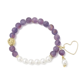 8mm Round Frosted Natural Amethyst & Shell Pearl Beaded Stretch Bracelets, Matte Round & Heart Bracelets for Women