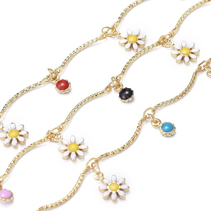 Handmade Brass Curved Bar Link Chains, with Daisy Enamel Charms and Spool, Soldered, Long-Lasting Plated