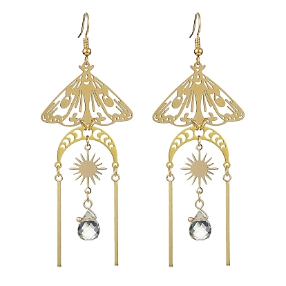 Brass Butterfly Dangle Earrings for Women, with Stainless Steel Finding and Glass Teardrop Pendant