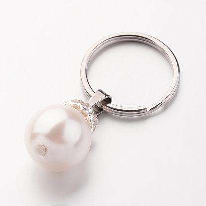 Stainless Steel Keychain, Round, with Imitation Pearl Acrylic Beads and Brass Rhinestone Spacer Beads