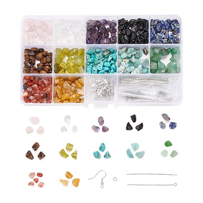 150g 12 kits de fabrication de boucles d'oreilles pendantes de style bricolage, y compris les perles de copeaux de pierres précieuses, crochets de boucle d'oreille en laiton et épingles à tête plate, 304 épingles à œil en acier inoxydable et anneaux de saut ouverts, fil de cuivre, Fil cristal, fil élastique