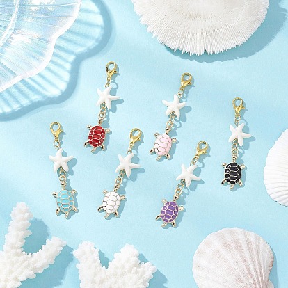 Подвеска из эмалевого сплава с черепахой, с бусиной из искусственной бирюзы в виде морской звезды и застежками-карабинами из цинкового сплава