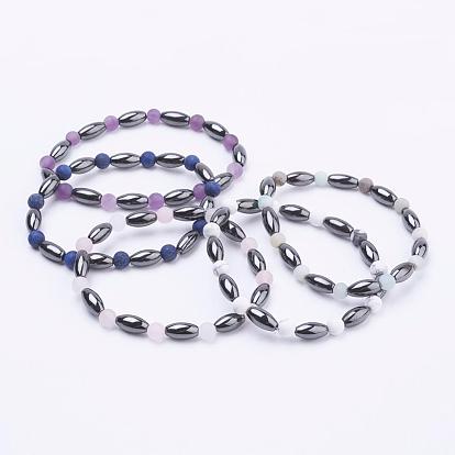 Non-Magnetic Synthetic Hematite Beads Stretch Bracelets, with Frosted Natural Gemstone Beads