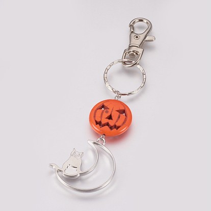 Llavero de gatito de aleación de tema de halloween, Con cuentas sintéticas de turquesa y anillo de hierro., calabaza jack-o'-lantern y luna creciente con gato, Platino