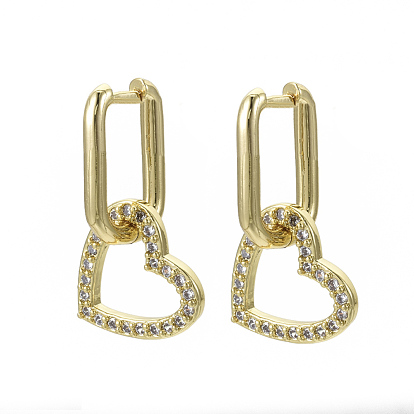 Brass Micro Pave Clear Cubic Zirconia Dangle Huggie Hoop Earrings, Nickel Free, Heart