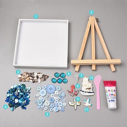 DIY Mosaic Tray Craft Making Kit, with Tray, Wood Easel, Plastic Spatula, Shell and Glass Findings, Cream Glue