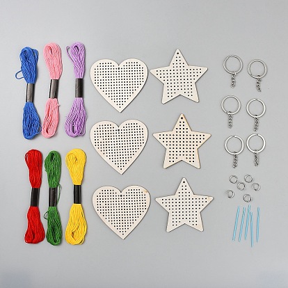 Набор для начинающих по вышивке деревянного брелока-сердца в виде звезды, в том числе деревянные подвески, брелок из сплава, нитки и игла для вышивания