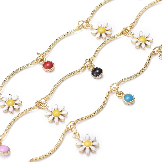 Handmade Brass Curved Bar Link Chains, with Daisy Enamel Charms and Spool, Soldered, Long-Lasting Plated