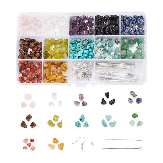 150G 12 Style DIY Dangle Earring Making Kits, Including Gemstone Chip Beads, Brass Earring Hooks & Flat Head Pins, 304 Stainless Steel Eye Pins & Open Jump Rings, Copper Wire, Elastic Crystal Thread